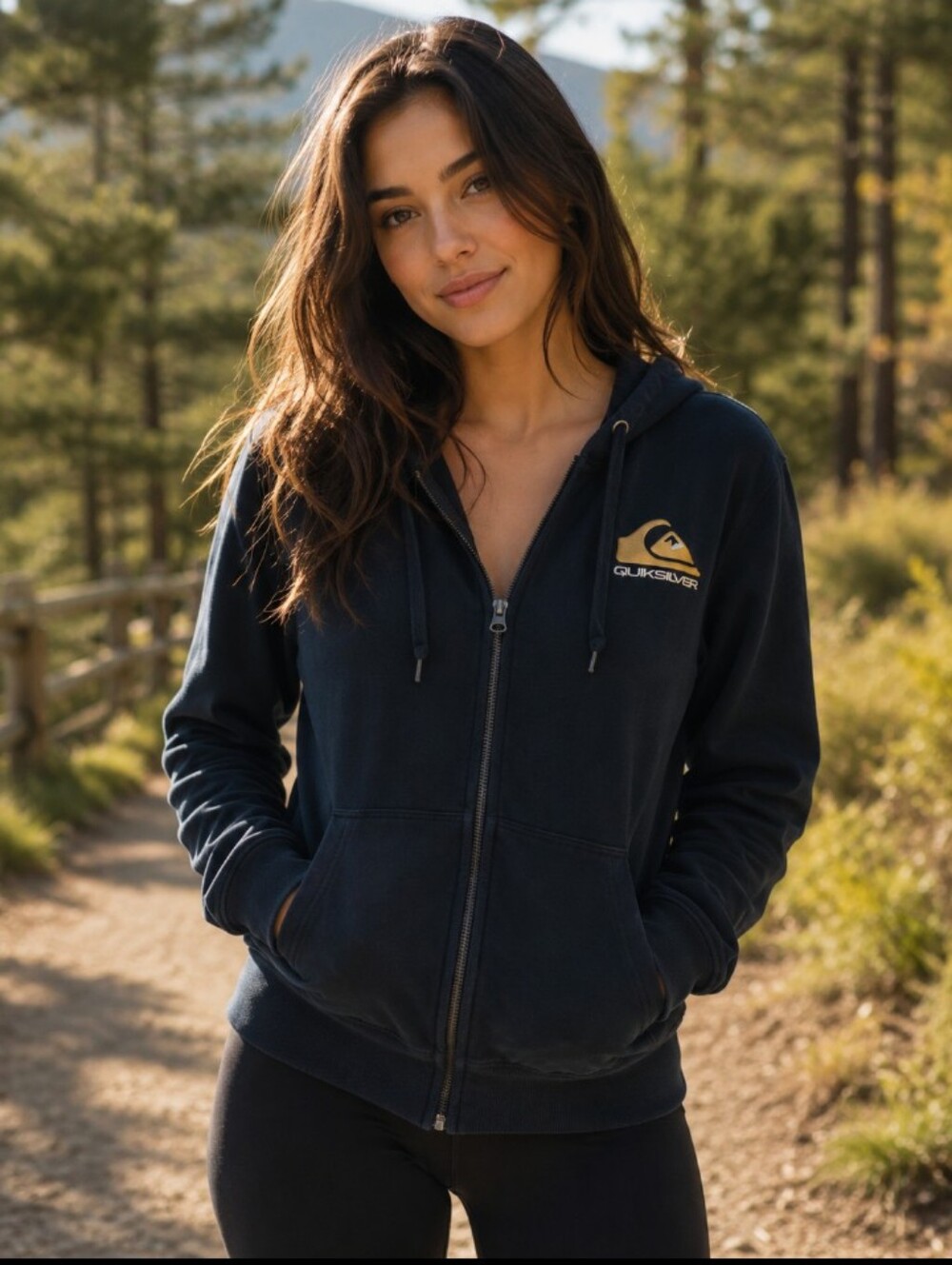 Quiksilver Women's Black Zip Hoodie with Gold Logo Large